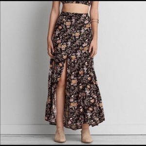 Black Floral Button Front Maxi Skirt